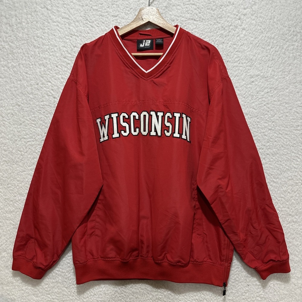 J2 Sport Wisconsin Badgers Red Men's Size L Pullover‎ V Neck Windbreaker Jacket